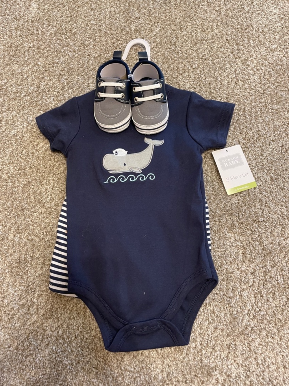 NWT Baby Navy and White Striped Two-Piece Bodysuit Set with Grey boat shoes